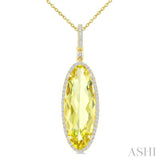22X8 MM Evoque Gemstones Oval Shape Lemon Quartz and 1/4 Ctw Round Cut Diamond Semi-Precious Pendant With Chain in 14K Yellow Gold