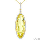 22X8 MM Evoque Gemstones Oval Shape Lemon Quartz and 1/4 Ctw Round Cut Diamond Semi-Precious Pendant With Chain in 14K Yellow Gold