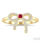 2.40 MM Round Shape Ruby and 1/8 Ctw Round Cut Diamond Bow Petite Precious Fashion Ring in 10K Yellow Gold