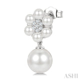 3MM & 7MM White Cultured Pearl and 1/10 Ctw Floral Round Cut Diamond Fashion Earrings in 10K White Gold