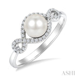 6 MM Cultured Pearl and 1/6 Ctw Round Cut Diamond  Petite Halo Ring in 10K White Gold