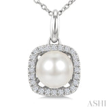 6 MM Cultured Pearl and 1/10 Ctw Round Cut Diamond Petite Cushion Shaped Fashion Pendant With Chain in 10K White Gold
