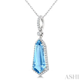 16X7 MM Evoque Gemstones Shield Shape Blue Topaz and 1/5 Ctw Round Cut Diamond Semi-Precious Pendant With Chain in 10K White Gold