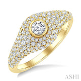 1 1/10 Ctw Pave Set Round Shape and Round Cut Diamond Fashion Signet Ring in 14K Yellow Gold