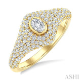 1 Ctw Pave Set Oval Shape and Round Cut Diamond Fashion Signet Ring in 14K Yellow Gold