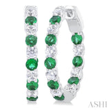 2.4 MM Round Shape Emerald and 5/8 Ctw Interior & Exterior Round Cut Diamond Precious Hoop Earring in 14K White Gold