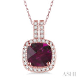 7x7 MM Cushion Shape Rhodolite Garnet and 1/5 Ctw Round Cut Diamond Pendant in 14K Rose Gold with Chain