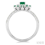 6X4 MM Emerald Shape & 1.5 MM Round Cut Emerald and 1/3 Ctw Round Cut Diamond Floral Precious Ring in 14K White Gold