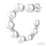 2.8 - 4.5 MM Round Shape Cultured Pearls and 1/5 Ctw Graduated Round Cut Diamond Half Hoop Earring in 14K White Gold