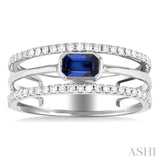 5x3 MM East- West Emerald Shape Sapphire and 1/4 Ctw Single Cut Diamond Triple Split Precious Ring in 10K White Gold