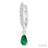5x3 MM Pear Cut Emerald and 1/8 Ctw Round Cut Diamond Petite Fashion Huggie Earrings in 10K White Gold