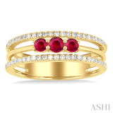 3.2 MM, 2.7 MM Round Cut Ruby & 1/4 Ctw Single Cut Diamond Past, Present and Future Precious Layered Fashion Ring in 10K Yellow Gold