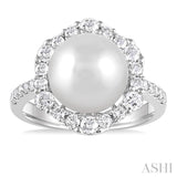 10 MM Cultured Pearl and 3/4 Ctw Hexagon Shape Round Cut Diamond Ring in 14K White Gold