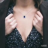 1/3 ctw Oval Cut 6X4MM Sapphire and Baguette Cut Diamond Halo Precious Pendant With Chain in 14K White Gold
