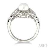 6.5 MM Cultured Pearl and 1/8 Ctw Round Cut Diamond Ring in 14K White Gold