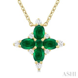 4x3 MM Oval Cut & 2 MM Princess Cut Emerald and 1/10 Ctw Round Cut Diamond Floral Design Pendant With Chain in 14K Yellow Gold