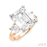 1 Ctw Tri-Mount Emerald Shape Center Round Cut Diamond Semi Mount Engagement Ring in 14K Rose and White Gold