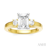 1/4 Ctw Tri-Mount Emerald Shape Center Round Cut Diamond Semi Mount Engagement Ring in 14K Yellow and White Gold