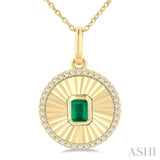 4X3 MM Octagon Shape Emerald and 1/8 Ctw Single Cut Diamond Precious Fluted Medallion Pendant in 10K Yellow Gold with Chain