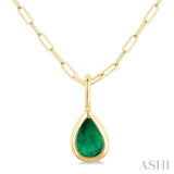 6x4 MM Bezel Set Pear Cut Emerald Precious Fashion Pendant With Paperclip Chain in 14K Yellow Gold