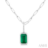 6x4 MM Bezel Set Emerald Precious Fashion Pendant With Paperclip Chain in 10K White Gold