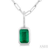 6x4 MM Bezel Set Emerald Precious Fashion Pendant With Paperclip Chain in 10K White Gold