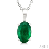 6X4 MM Oval Shape Emerald Precious Solitaire Pendant With Chain in 14K White Gold