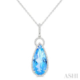 22X10 MM Pear Cut Blue Topaz and 1/3 Ctw Round Cut Diamond Halo Semi-Precious Pendant With Chain in 14K White Gold