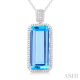 26X12 MM Emerald Cut Blue Topaz and 1/2 Ctw Round Cut Diamond Halo Semi-Precious Pendant With Chain in 14K White Gold