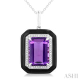 14x10 MM Emerald Cut Amethyst and 1/5 Ctw Round Cut Diamond Halo & Black Enamel Border Semi-Precious Pendant With Chain in 14K White Gold