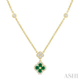2.4 MM Round Shape Emerald and 1/4 Ctw Clover Round Cut Diamond Station Necklace in 14K Yellow Gold
