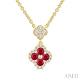2.4 MM Round Shape Ruby and 1/4 Ctw Clover Round Cut Diamond Station Necklace in 14K Yellow Gold