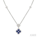 2.4 MM Round Shape Sapphire and 1/4 Ctw Clover Round Cut Diamond Station Necklace in 14K White Gold