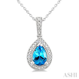 7X5 MM Pear Shape Blue Topaz and 1/50 Ctw Round Cut Diamond Semi-precious Pendant With Chain in Sterling Silver