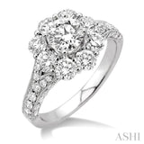 2 1/4 Ctw Diamond Flower Engagement Ring with 3/4 Ct Round Cut Center Stone in 14K White Gold