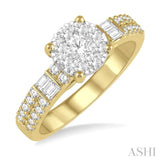 7/8 Ctw Round and Baguette Diamond Lovebright Engagement Ring in 14K Yellow and White gold