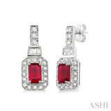 5x3 MM Octagon Cut Ruby and 1/4 Ctw Round and Baguette Cut Diamond Earrings in 14K White Gold