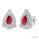 5x3 mm Pear Shape Ruby and 1/6 Ctw Round Cut Diamond Earrings in 14K White Gold