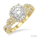 7/8 ctw Split Entwined Shank Circular Center Round Cut Diamond Semi-Mount Engagement Ring in 14K Yellow and White Gold